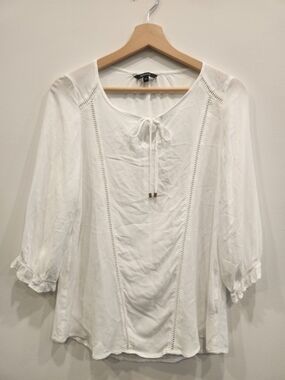 RW&CO. White Tie-Neck Peasant Blouse
